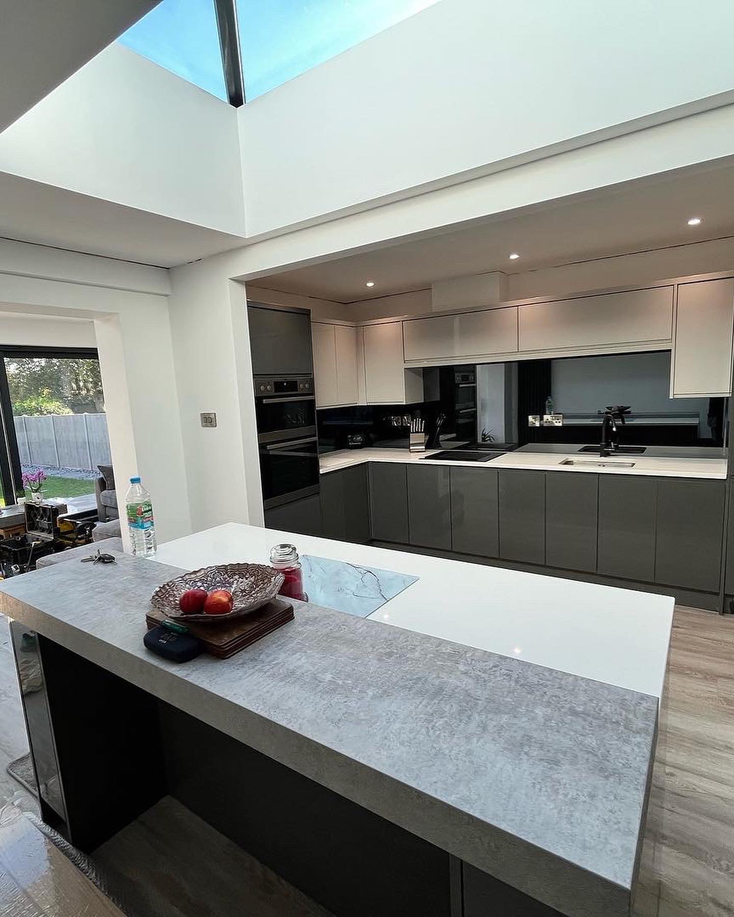 Open-plan kitchen extension with island and roof lantern