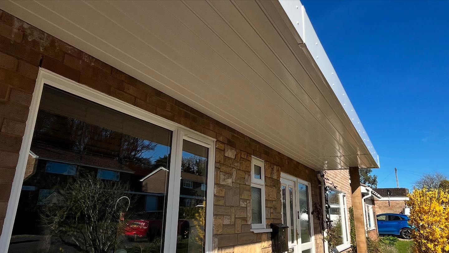 Finished white fascia and soffit installation