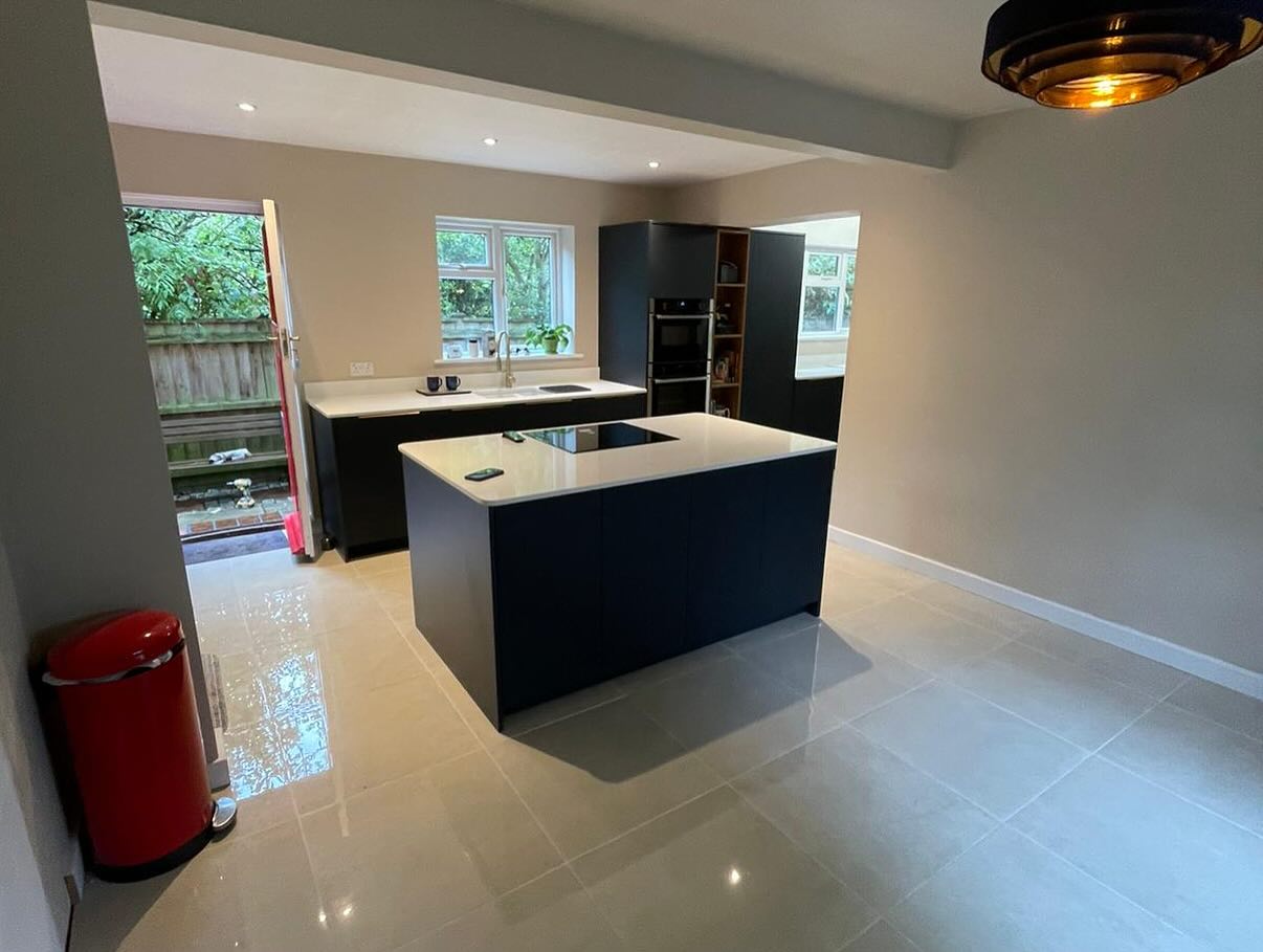 Contemporary navy kitchen with integrated appliances